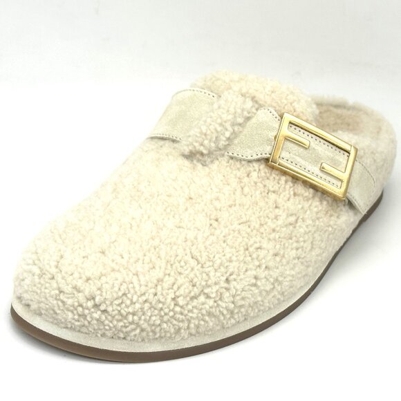FENDI Feel FF Shearling  Buckled Sabots Mules Slides Flat Clog Sandals - Picture 9 of 16